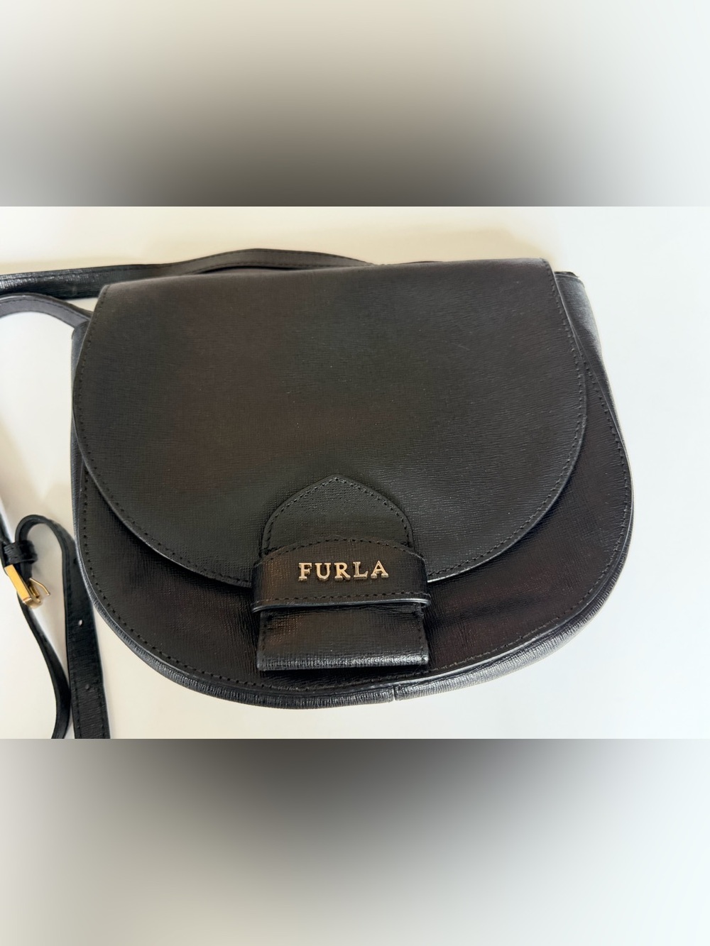Furla Black Leather Crossbody Saddle Bag with Gold Logo